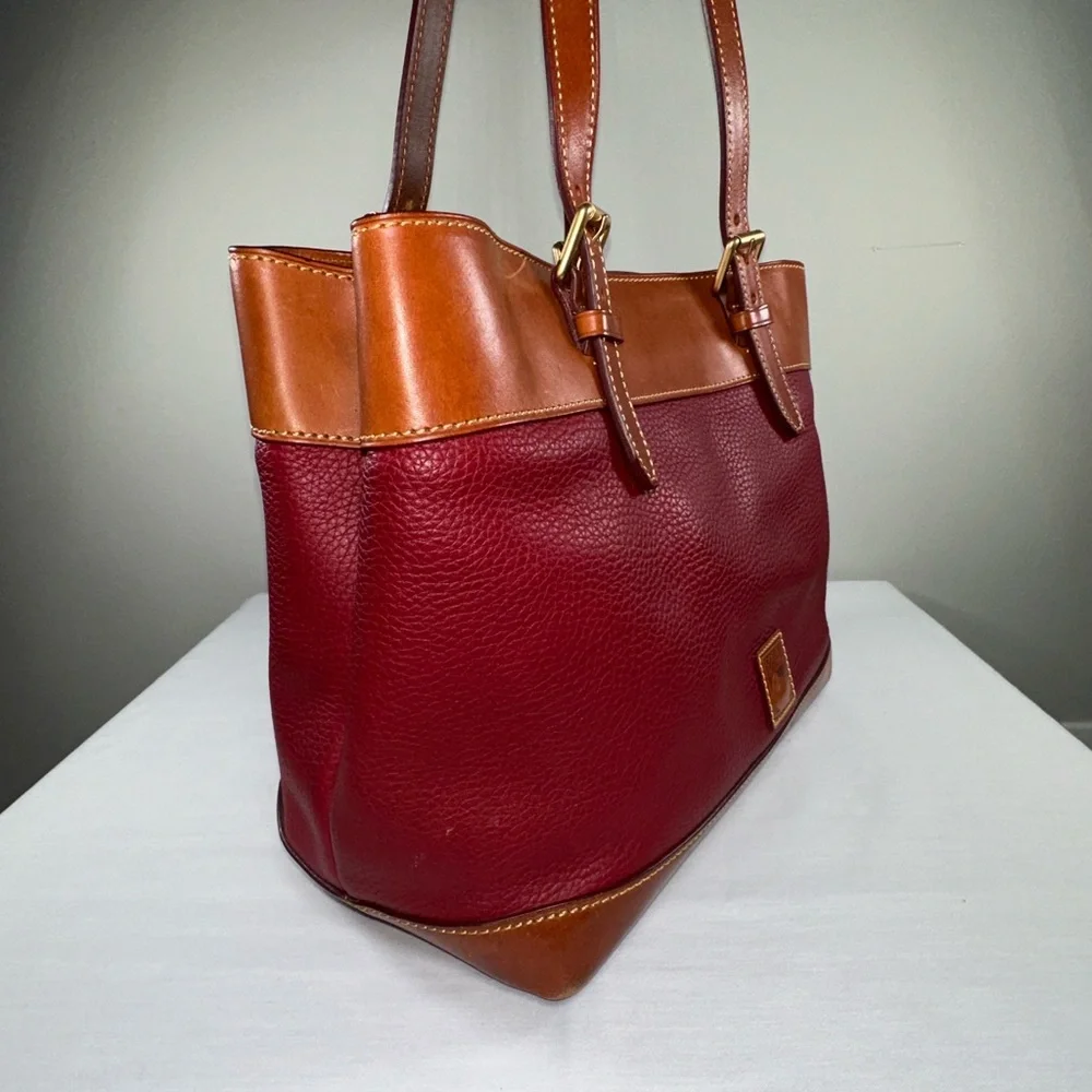 Dooney & Bourke Everyday Tote Burgundy Pebble Leather Tan Natural Patina Trim